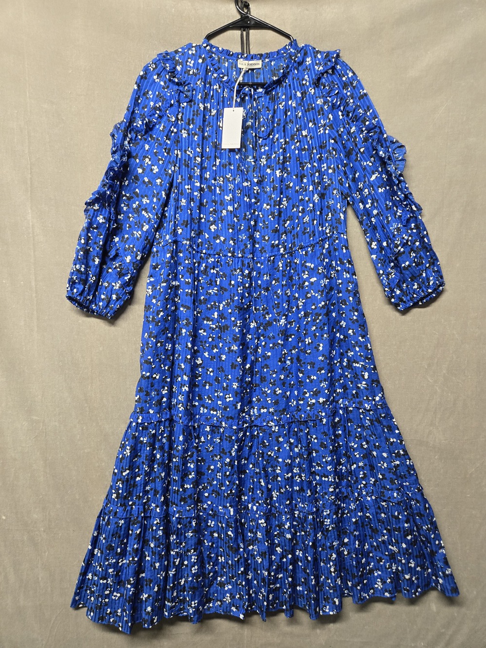 Ulla Johnson Cobalt Blue Floral Tiered Midi Dress Ruffle Tie Neck Size 4 NWT